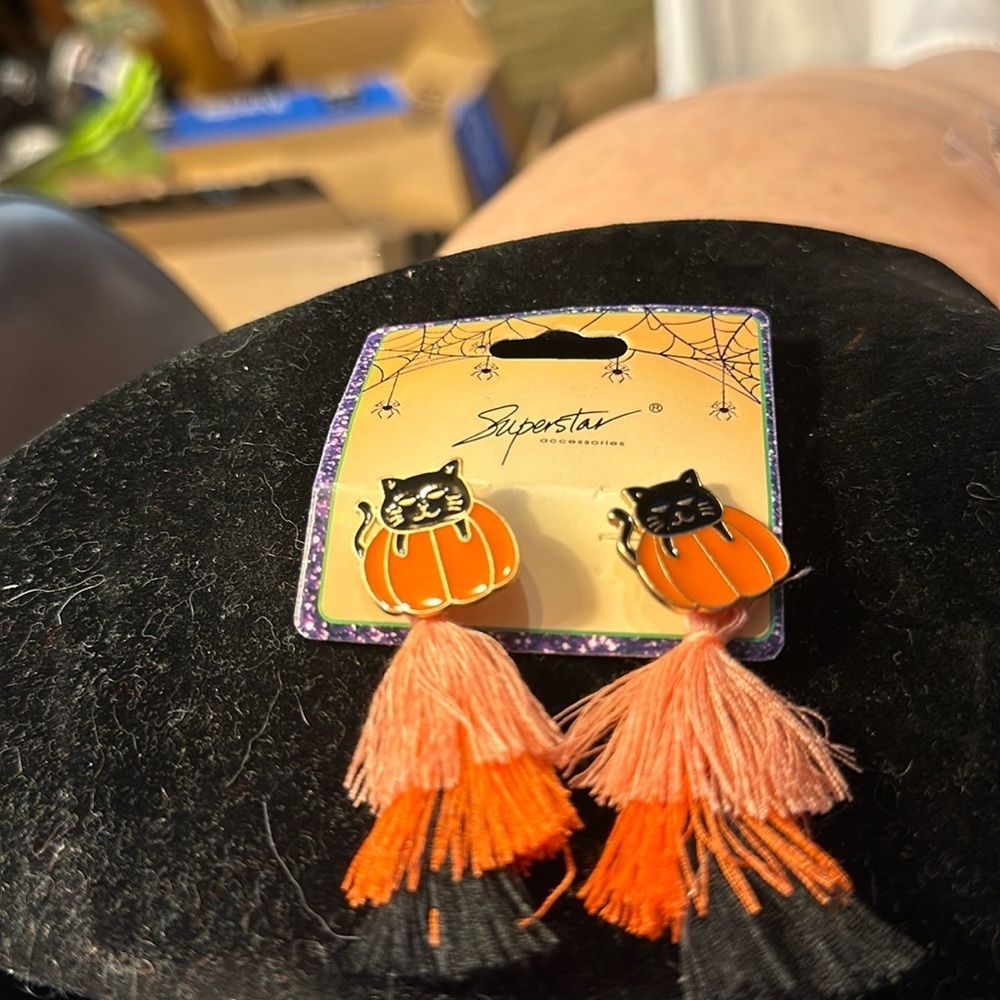 Halloween earrings, pierced. Adorable cat, and a pumpkin with tassels.​​